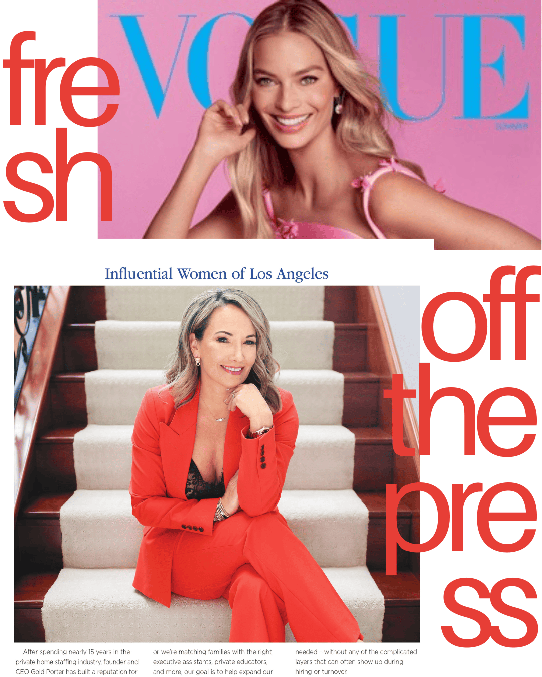 CEO Gold Porter posing in red suit for Vogue Magazine Cover